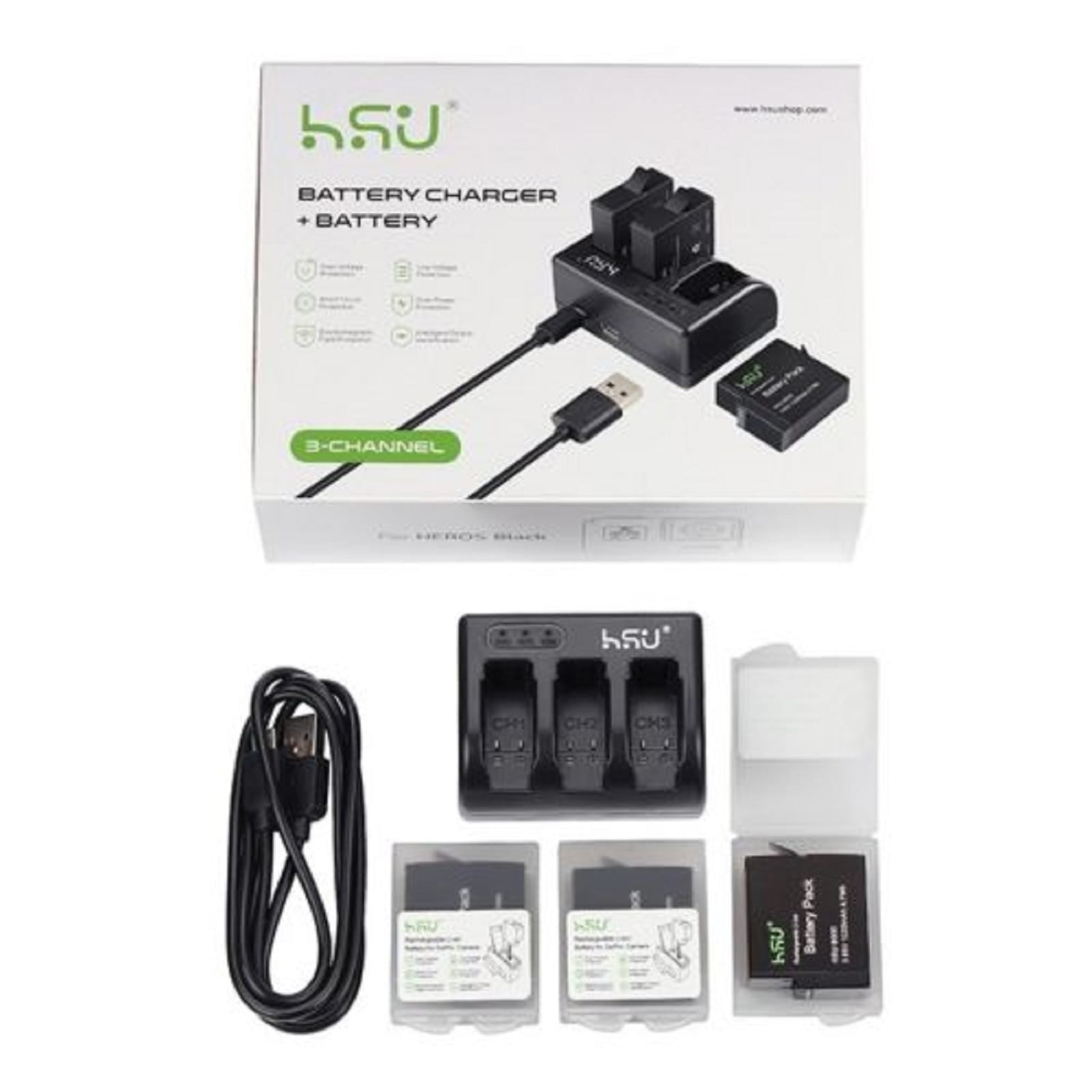 HSU Battery Set Kit with USB Charger for GoPro HERO 3 4 5 6 & 7