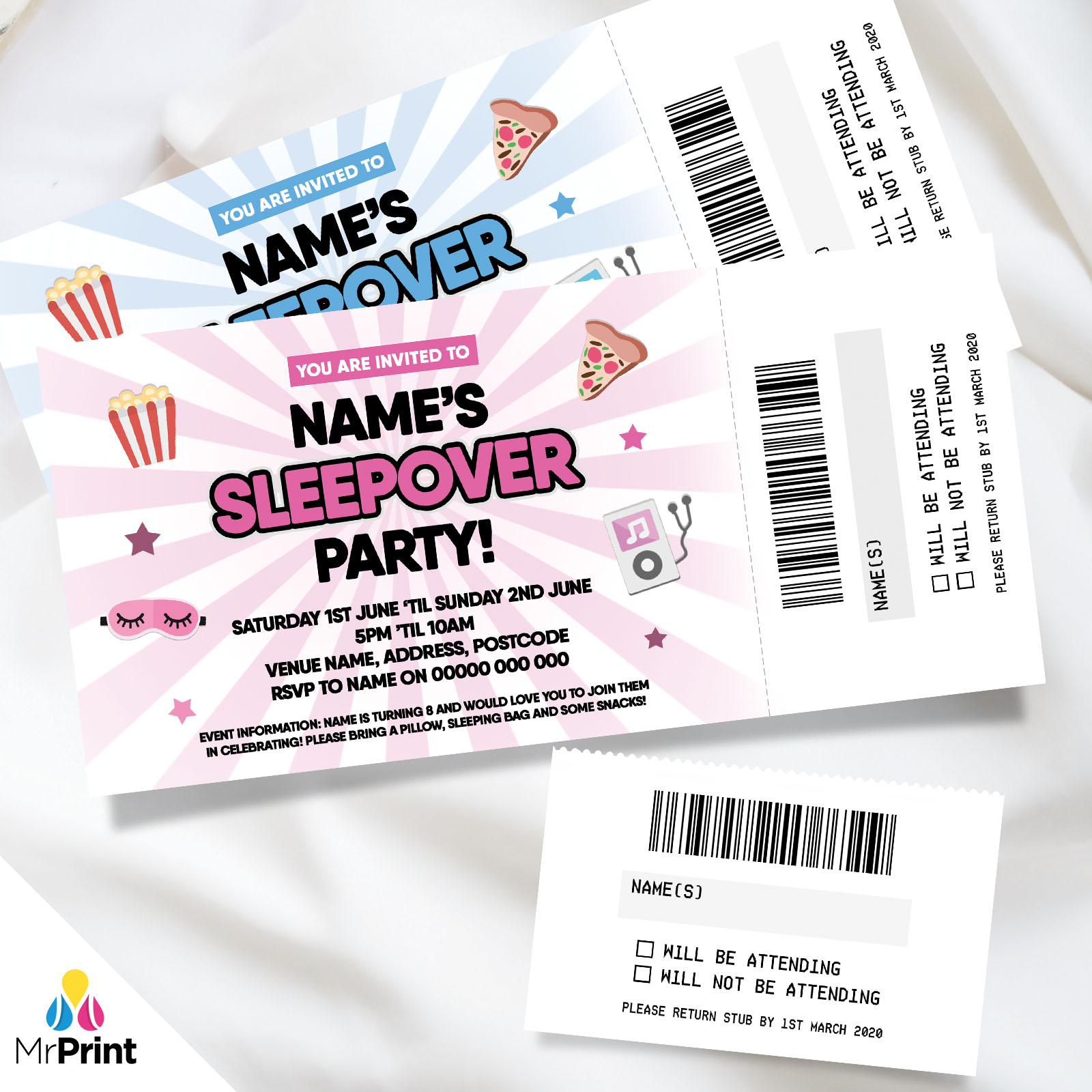 PERSONALISED SLEEPOVER SLUMBER PARTY TICKET STYLE INVITATIONS ...