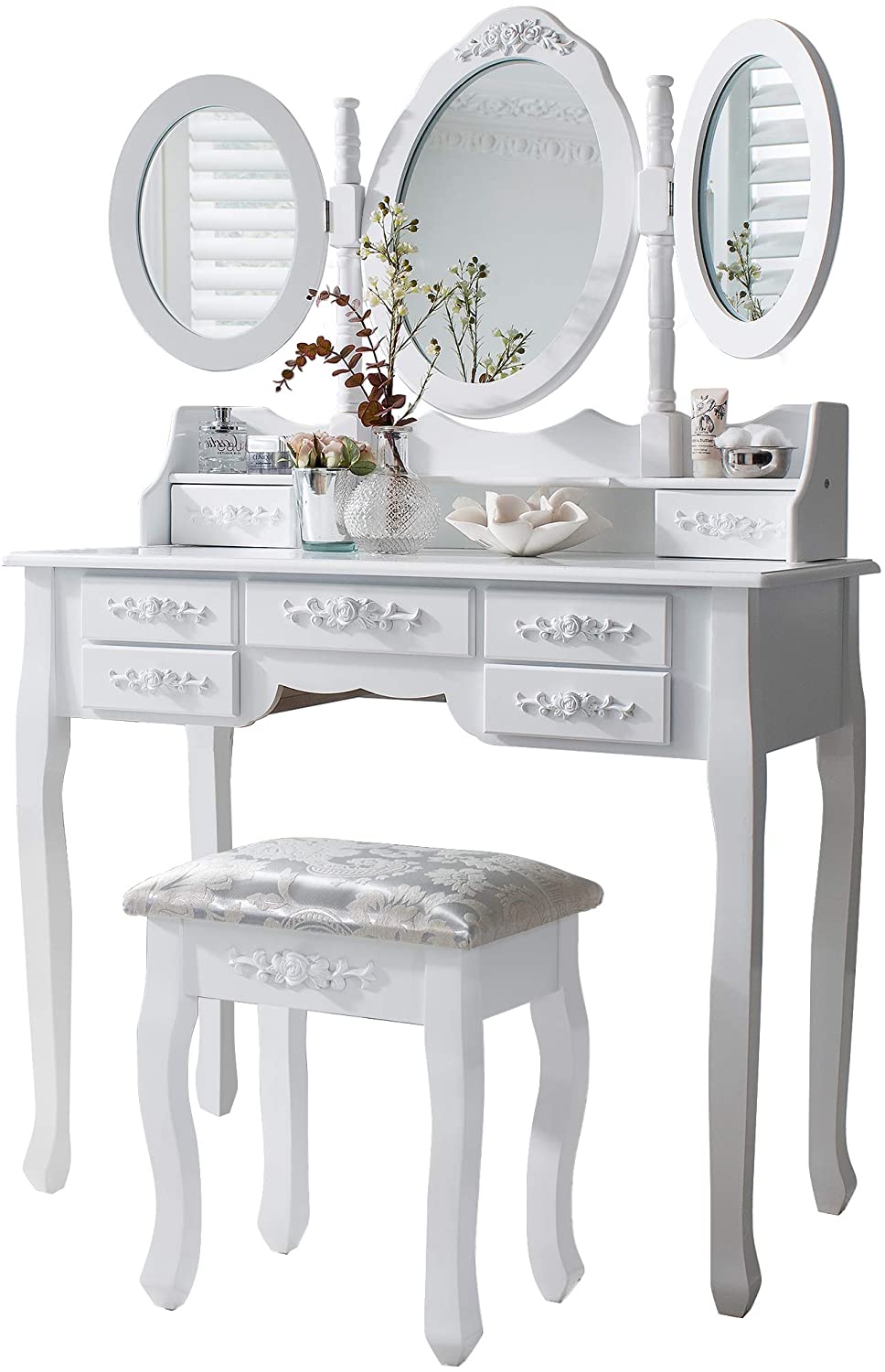 White Dressing Table 7 Drawers 3 Mirrors Stool Bedroom Vanity Set Makeup Desk Ebay