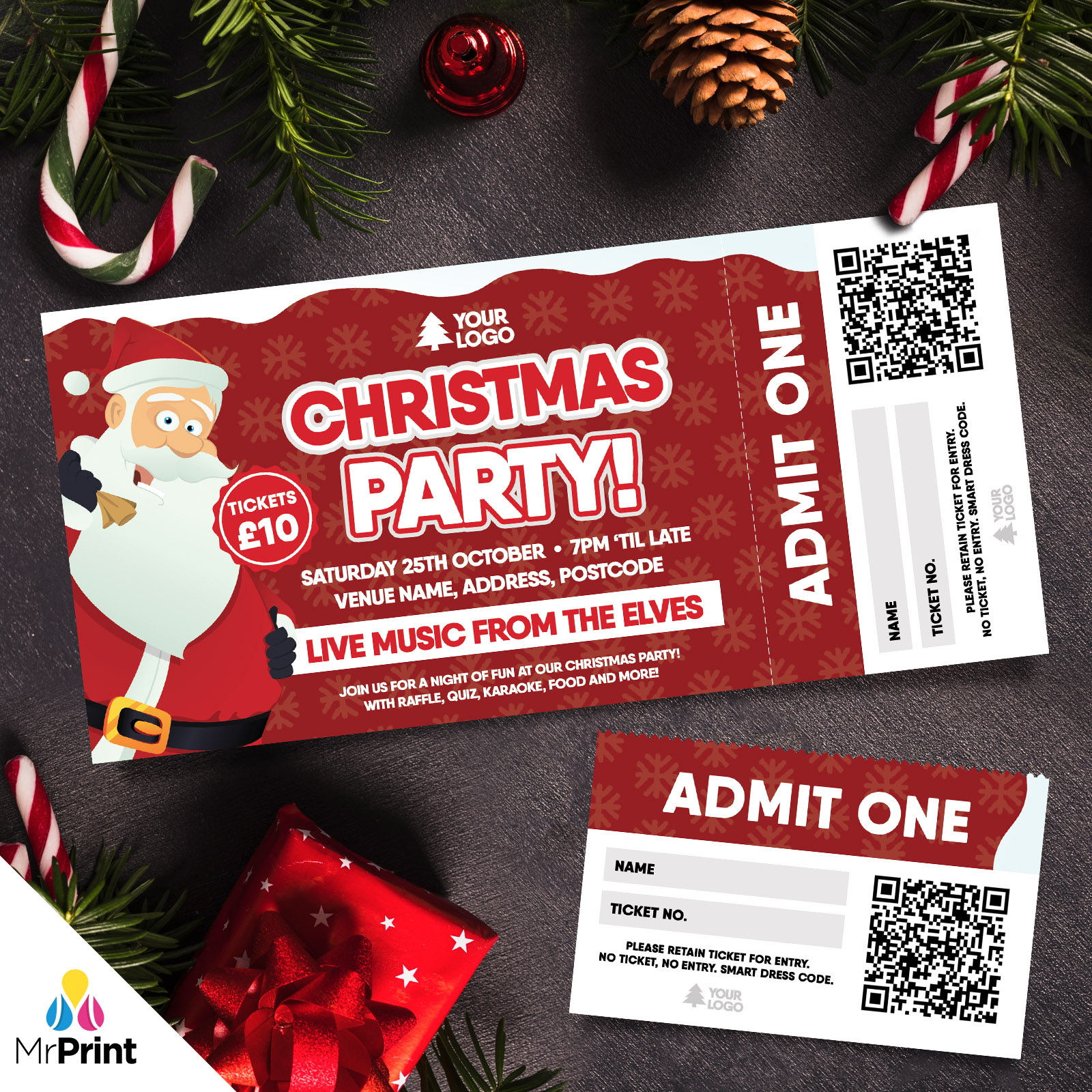 CUSTOM CHRISTMAS PARTY TICKET PRINTING PERFORATED STUBS ANY EVENT