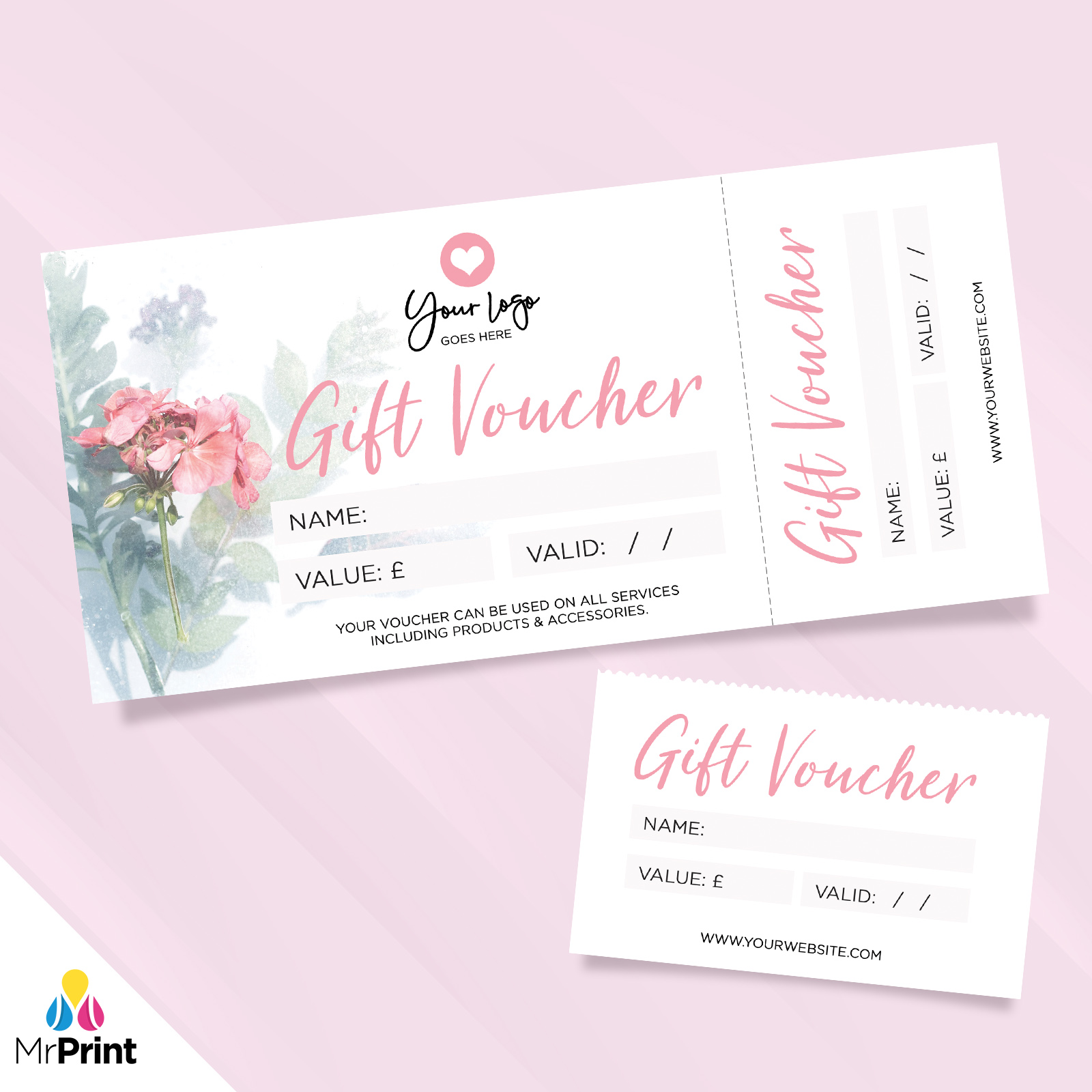 CUSTOM PRINTED GIFT VOUCHERS PERFORATED FLORAL PINK FEMININE FLOWER