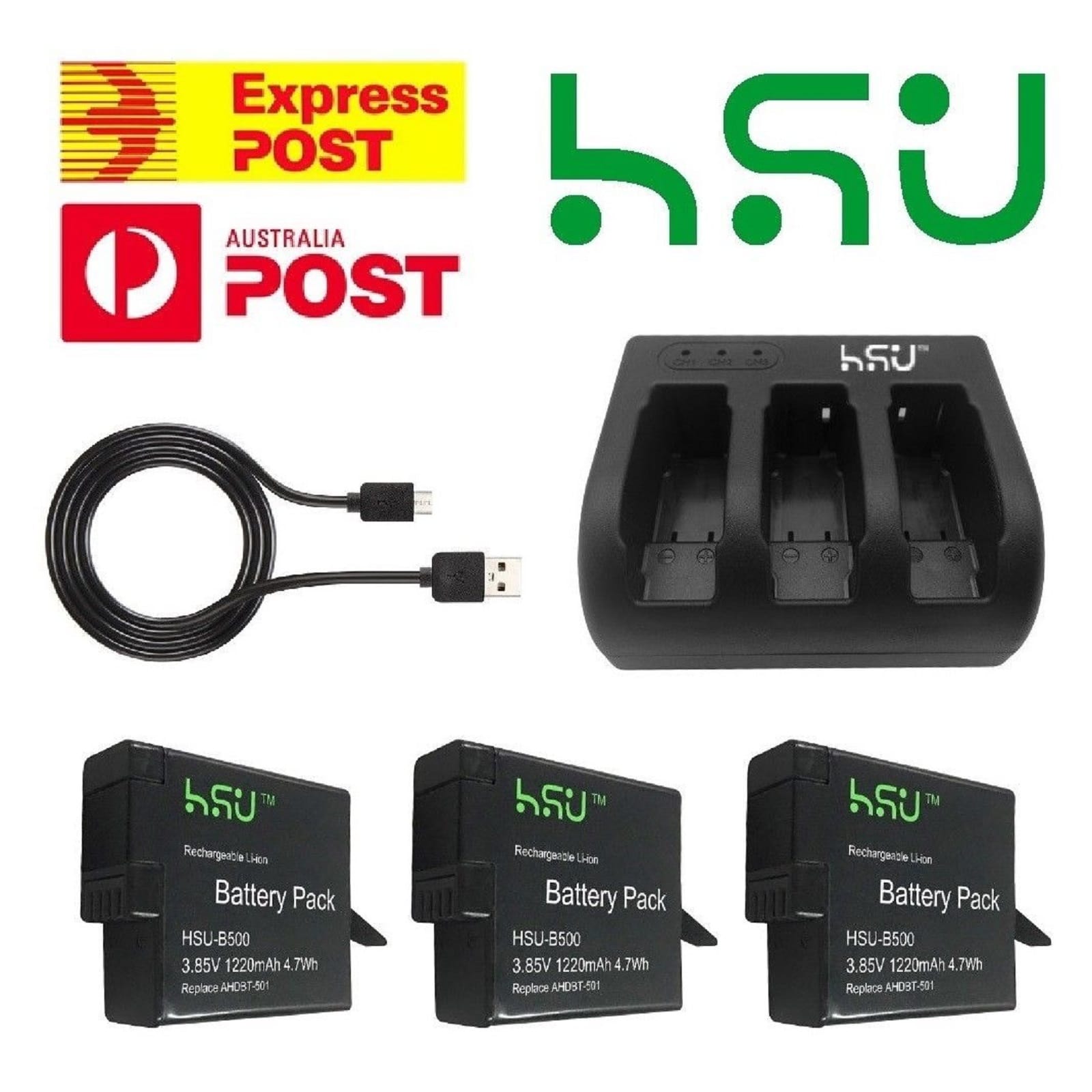 HSU Battery Set Kit with USB Charger for GoPro HERO 3 4 5 6 & 7