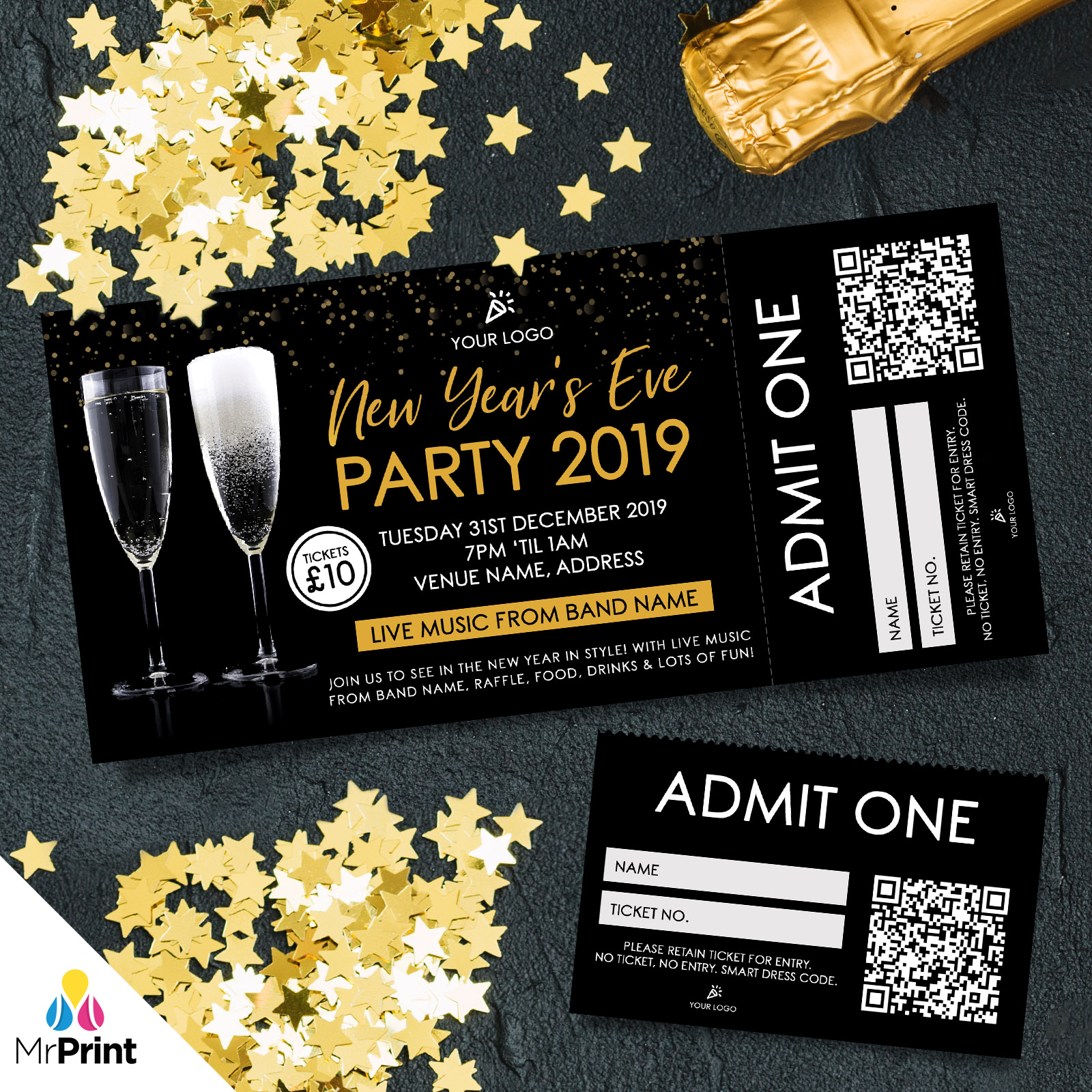 CUSTOM NEW YEAR'S EVE PARTY TICKET PRINTING PERFORATED STUBS ANY