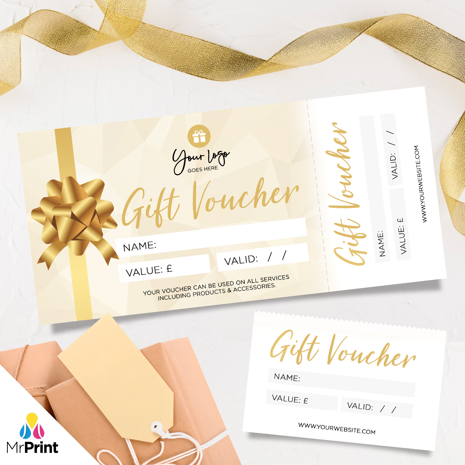 CUSTOM PRINTED GIFT VOUCHERS PERFORATED GOLD GLITTER GENERIC BOW
